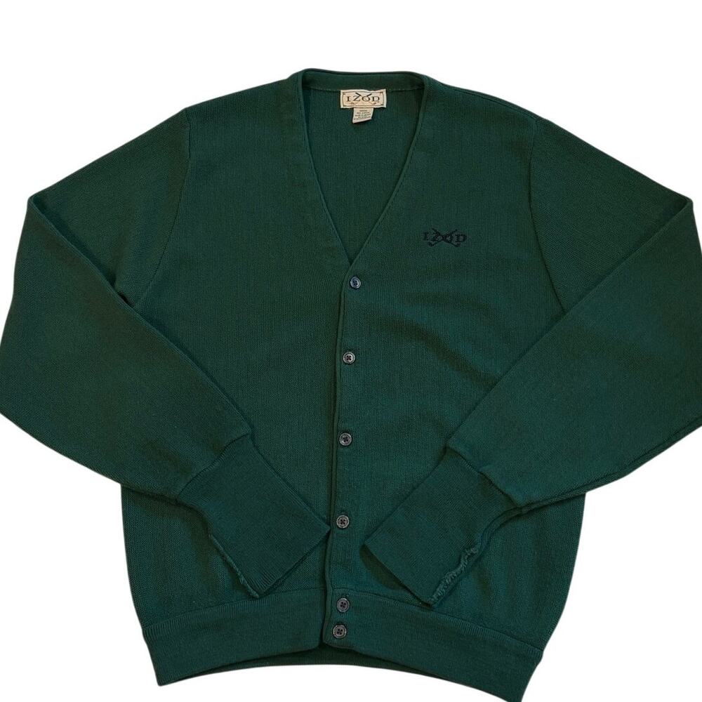 Vtg Izod Cardigan Sweater Mens Sz Medium Green Button Front Grandpa Hipster 80s